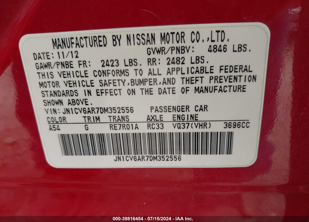 2013 INFINITI G37X VIN: JN1CV6AR7DM352556