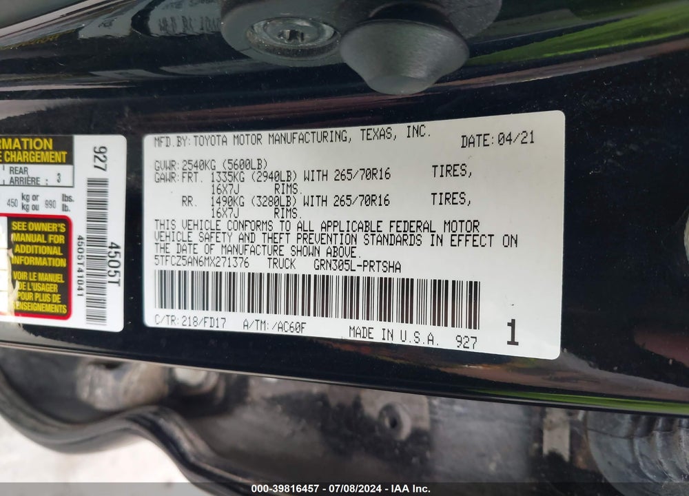 2021 TOYOTA TACOMA TRD OFF ROAD VIN: 5TFCZ5AN6MX271376