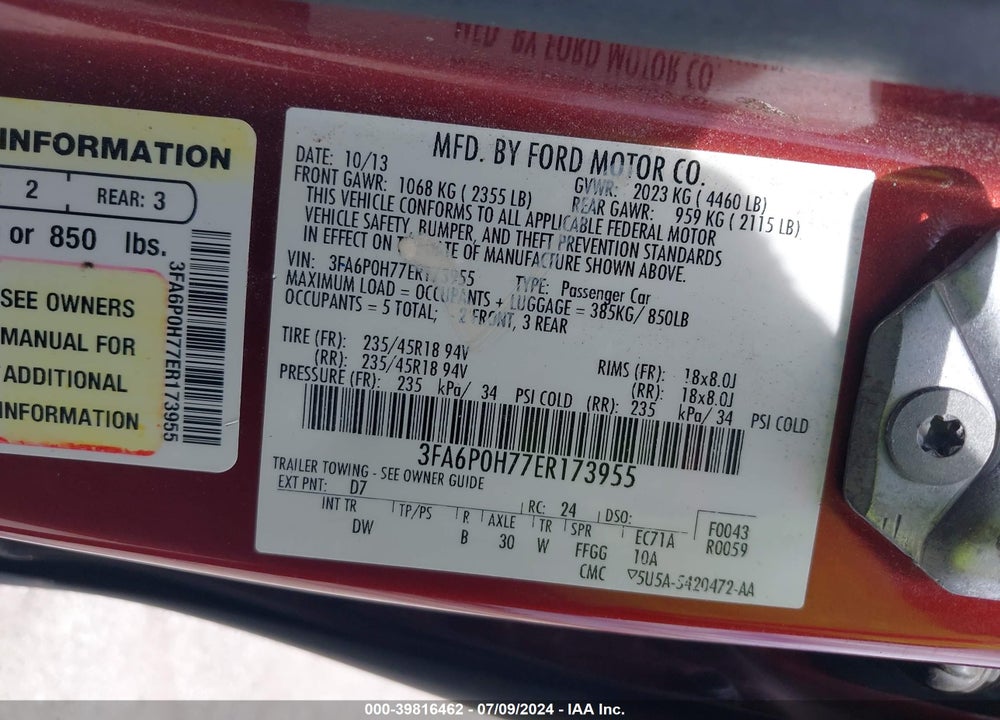 2014 FORD FUSION SE VIN: 3FA6P0H77ER173955