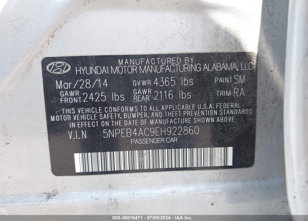 2014 HYUNDAI SONATA GLS VIN: 5NPEB4AC9EH922860