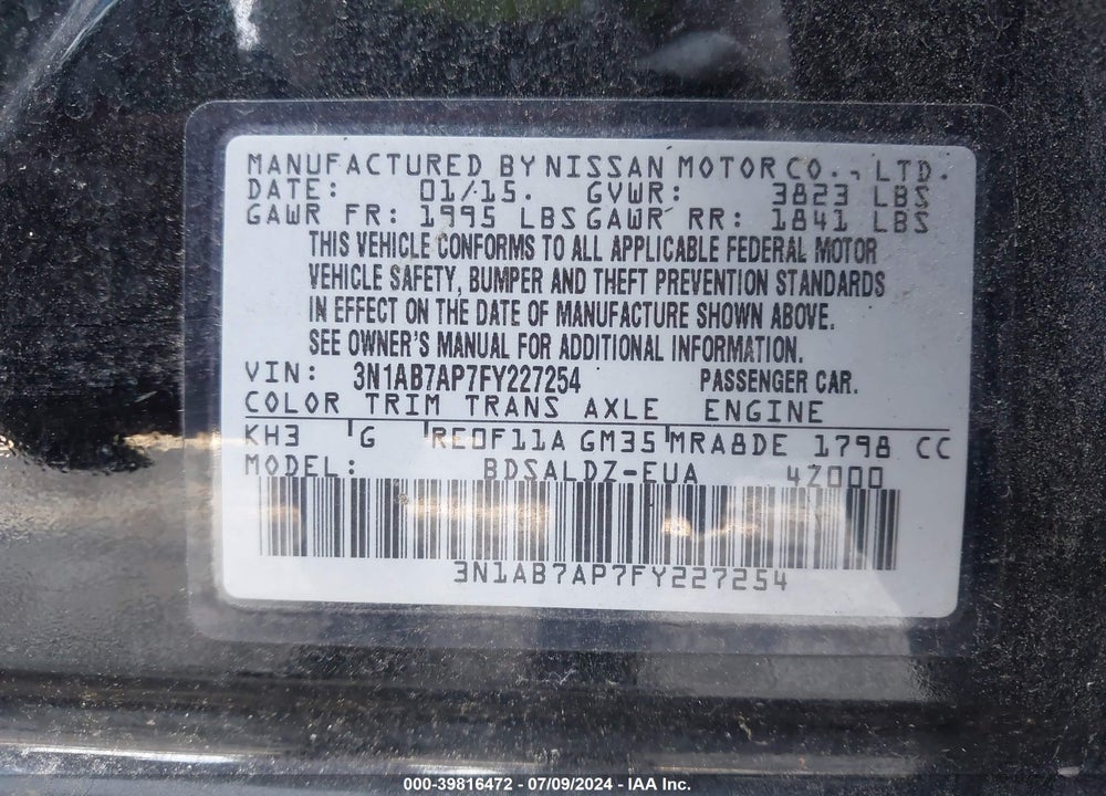 2015 NISSAN SENTRA FE+ S/S/SL/SR/SV VIN: 3N1AB7AP7FY227254
