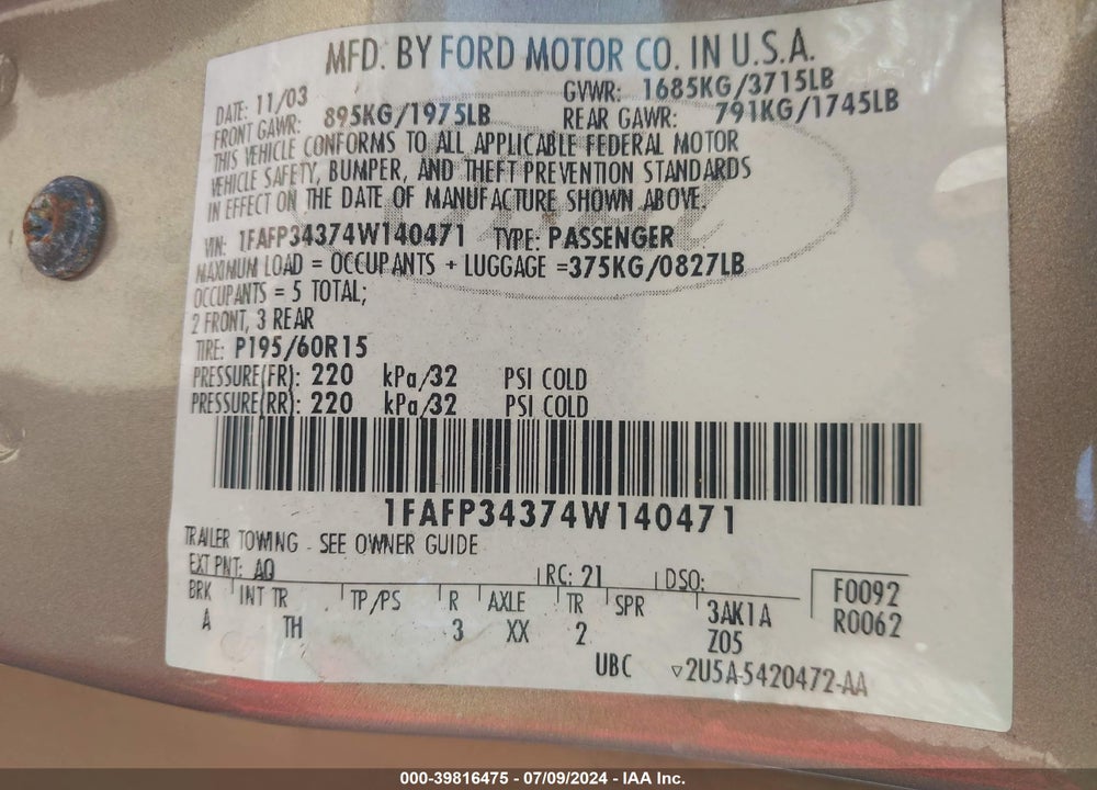 2004 FORD FOCUS SE VIN: 1FAFP34374W140471