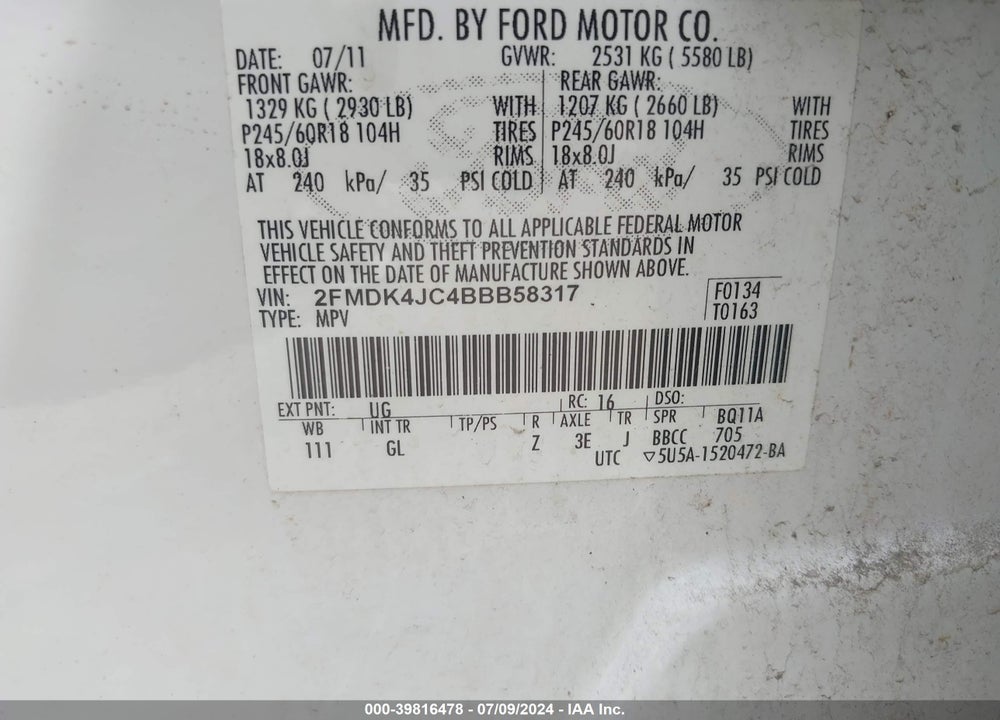2011 FORD EDGE SEL VIN: 2FMDK4JC4BBB58317