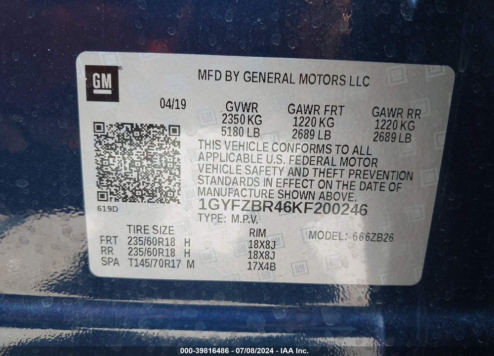 2019 CADILLAC XT4 LUXURY VIN: 1GYFZBR46KF200246