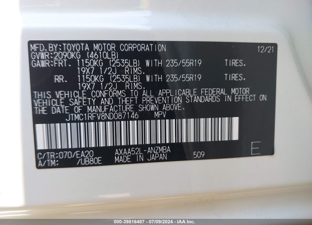2022 TOYOTA RAV4 XLE PREMIUM VIN: JTMC1RFV8ND087146