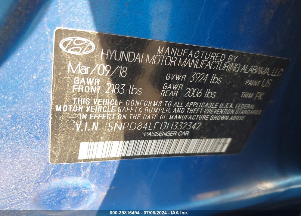 2018 HYUNDAI ELANTRA VALUE EDITION VIN: 5NPD84LF1JH332342