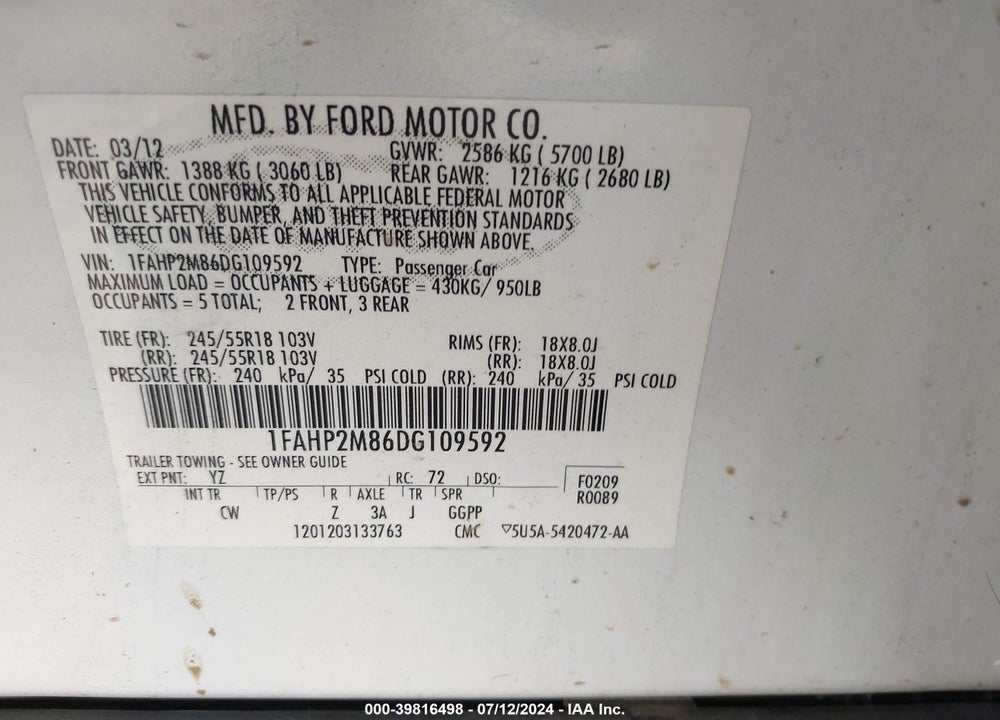 2013 FORD POLICE INTERCEPTOR VIN: 1FAHP2M86DG109592
