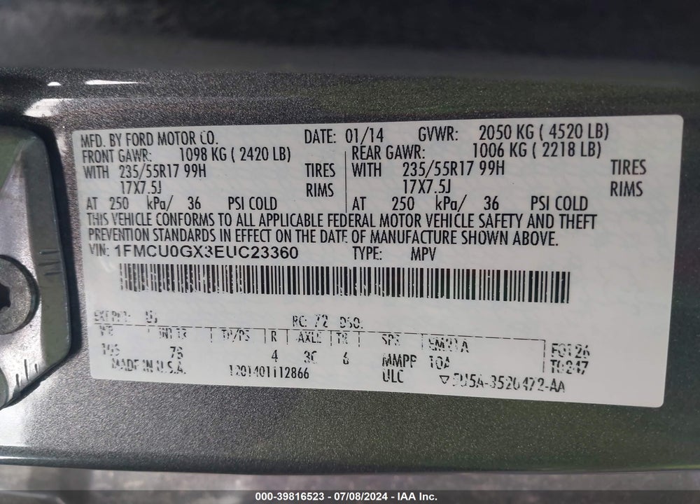 2014 FORD ESCAPE VIN: 1FMCU0GX3EUC23360