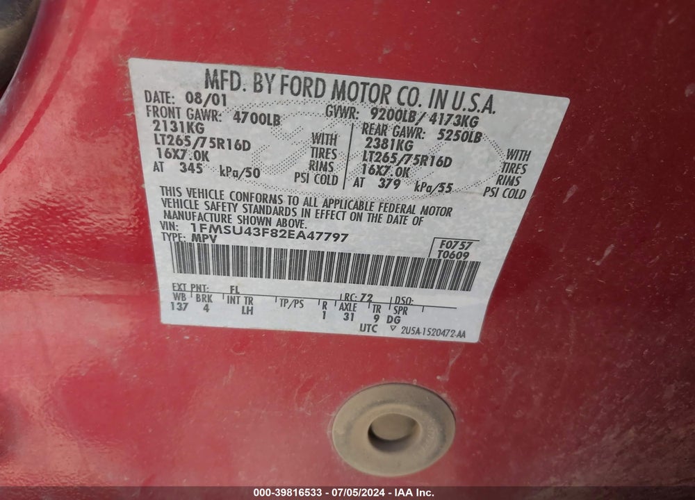 2002 FORD EXCURSION LIMITED VIN: 1FMSU43F82EA47797