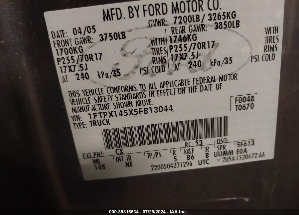 2005 FORD F-150 FX4/LARIAT/XL/XLT VIN: 1FTPX145X5FB13044