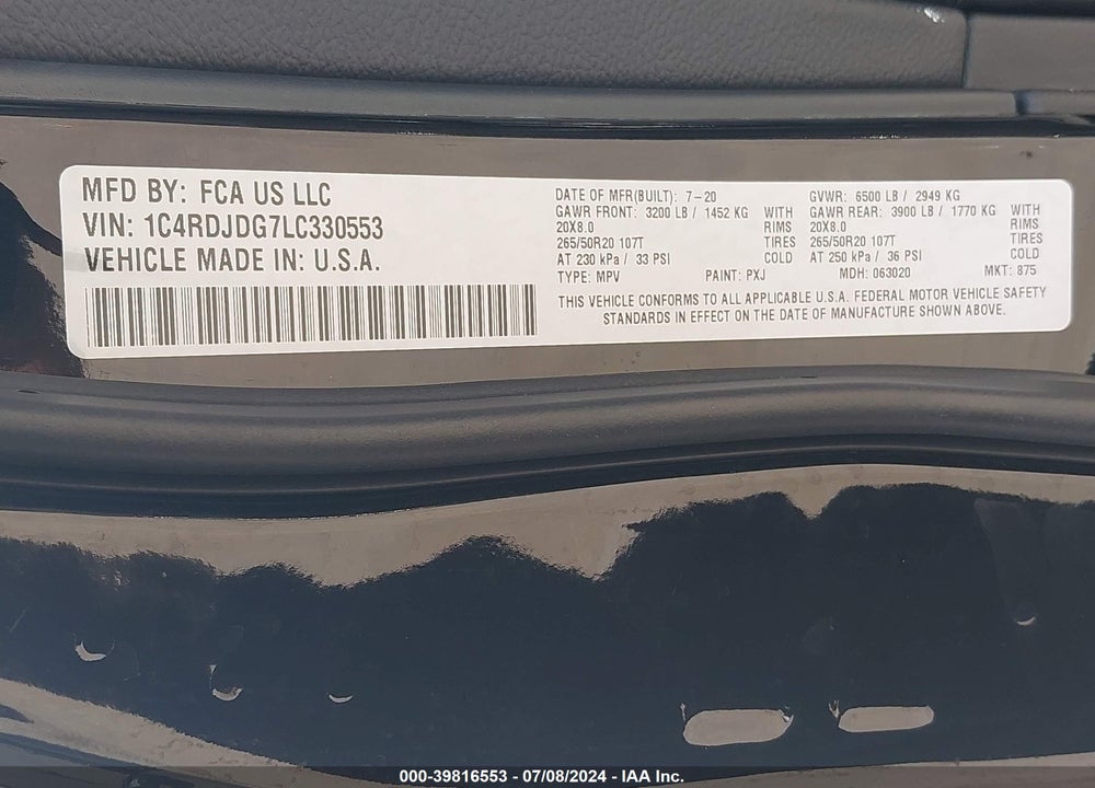 2020 DODGE DURANGO GT AWD VIN: 1C4RDJDG7LC330553