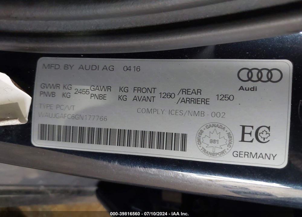 2016 AUDI A6 VIN: WAUJGAFC6GN177766