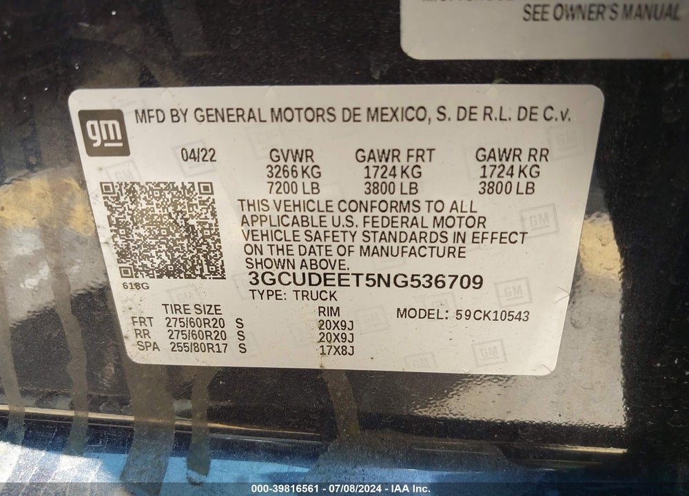 2022 CHEVROLET SILVERADO 1500 4WD SHORT BED RST VIN: 3GCUDEET5NG536709
