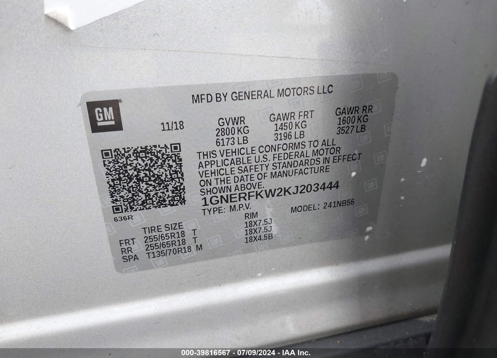 2019 CHEVROLET TRAVERSE VIN: 1GNERFKW2KJ203444