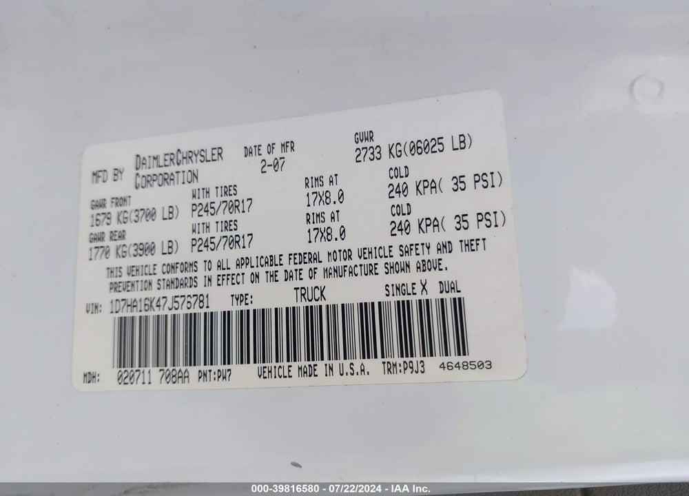 2007 DODGE RAM 1500 ST VIN: 1D7HA16K47J576781