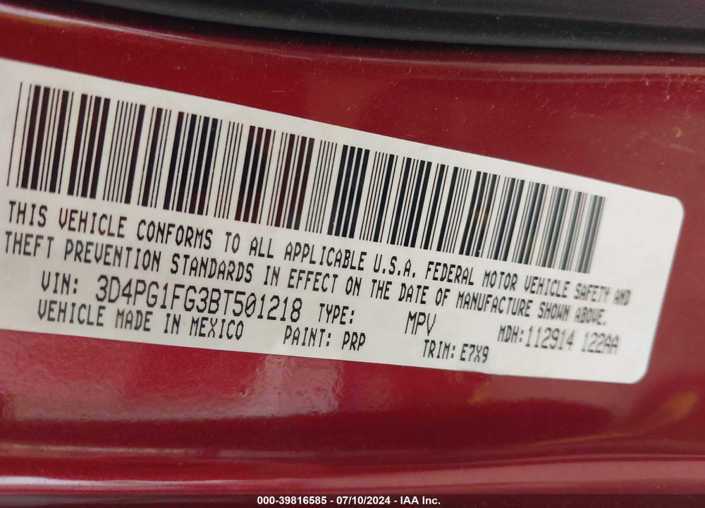 2011 DODGE JOURNEY VIN: 3D4PG1FG3BT501218
