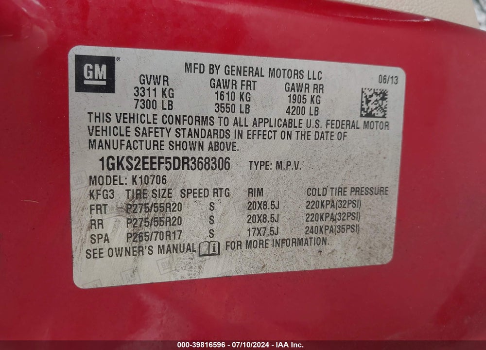 2013 GMC YUKON DENALI VIN: 1GKS2EEF5DR368306