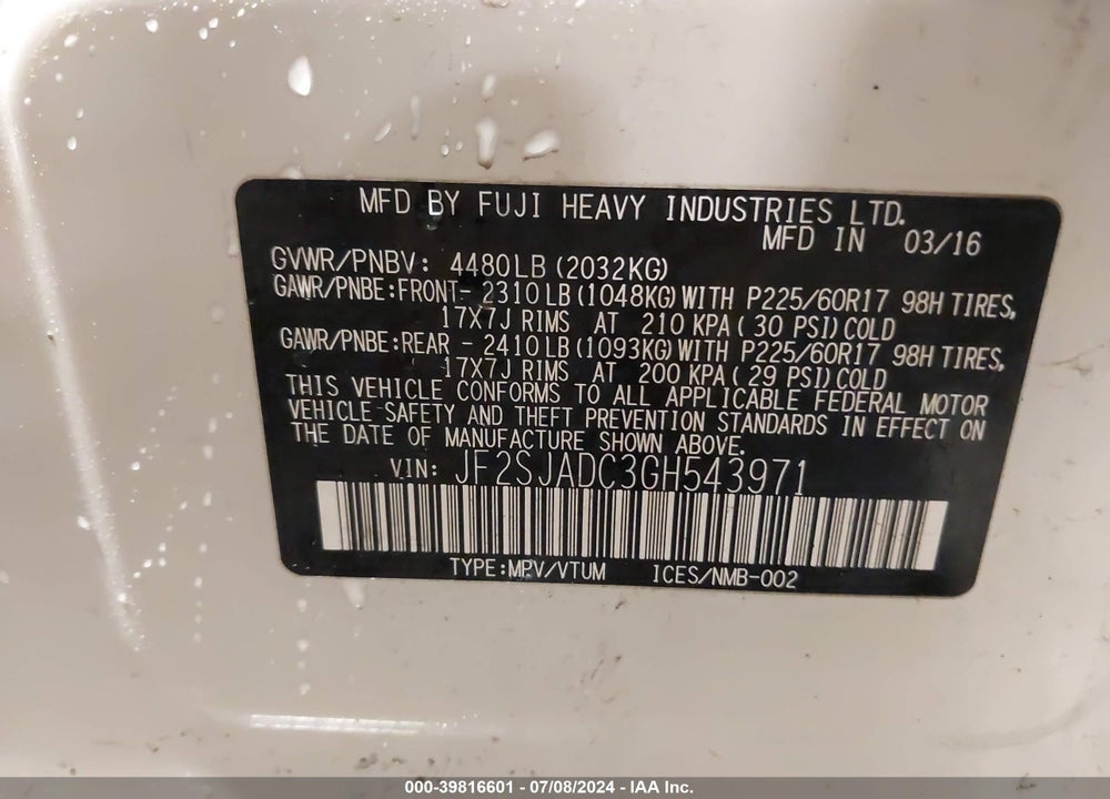 2016 SUBARU FORESTER 2.5I PREMIUM VIN: JF2SJADC3GH543971