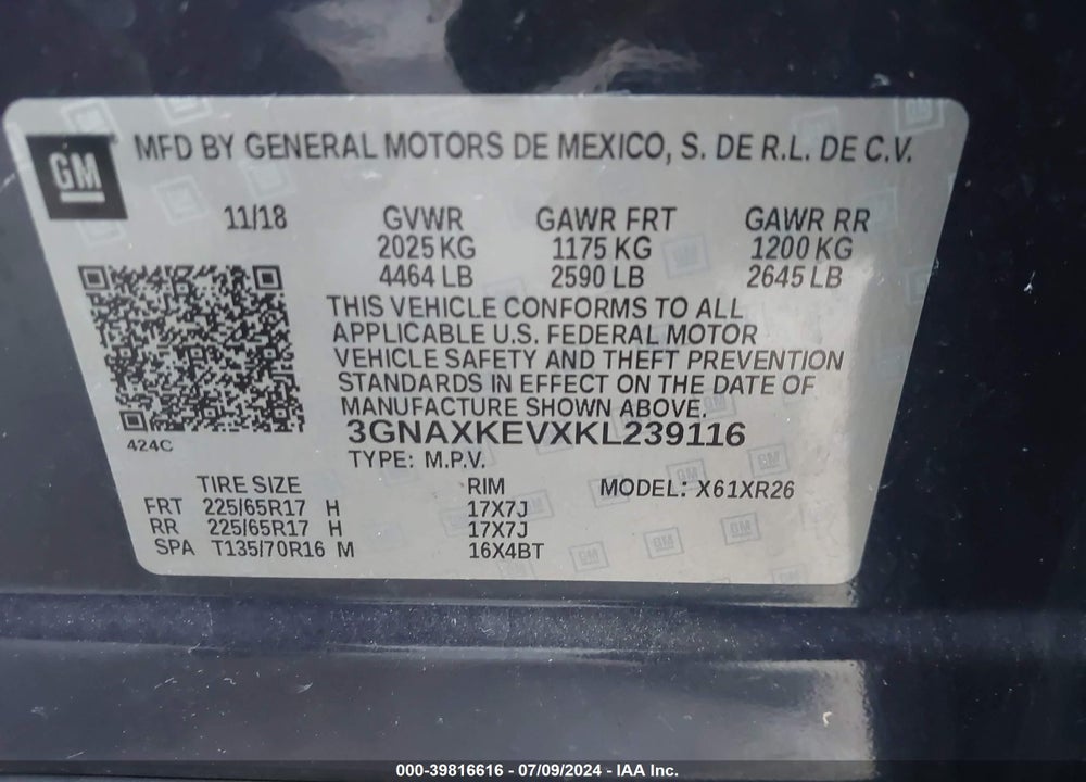 2019 CHEVROLET EQUINOX LT VIN: 3GNAXKEVXKL239116