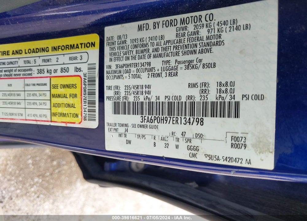 2014 FORD FUSION SE VIN: 3FA6P0H97ER134798