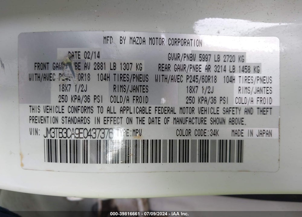 2014 MAZDA CX-9 TOURING VIN: JM3TB3CA9E0437376