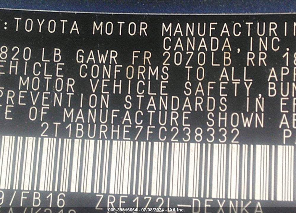 2015 TOYOTA COROLLA LE VIN: 2T1BURHE7FC238332