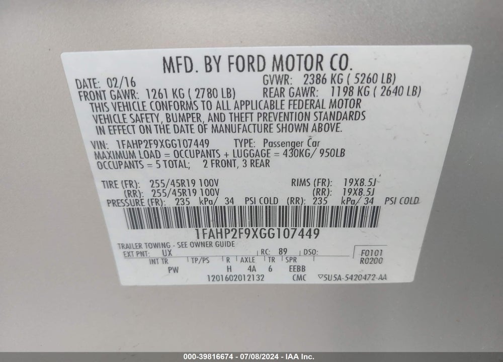 2016 FORD TAURUS LIMITED VIN: 1FAHP2F9XGG107449