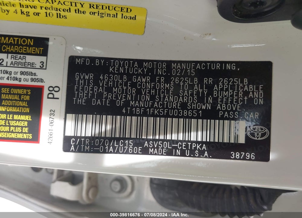 2015 TOYOTA CAMRY XSE VIN: 4T1BF1FK5FU038651