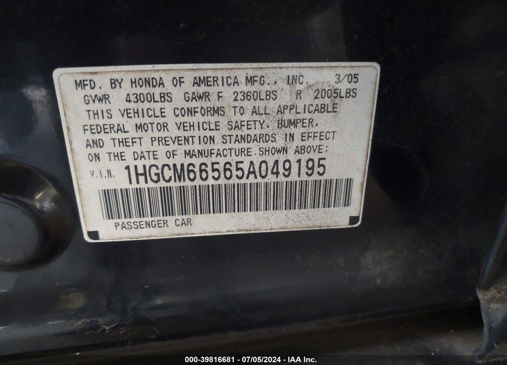 2005 HONDA ACCORD VIN: 1HGCM66565A049195