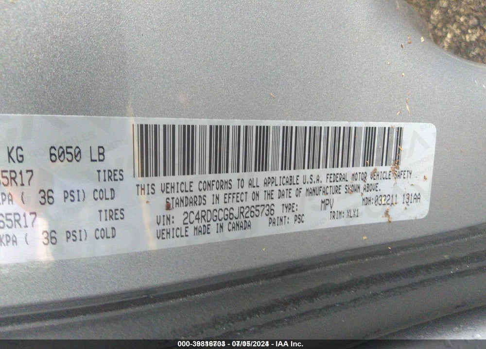 2018 DODGE GRAND CARAVAN SXT VIN: 2C4RDGCG6JR265736