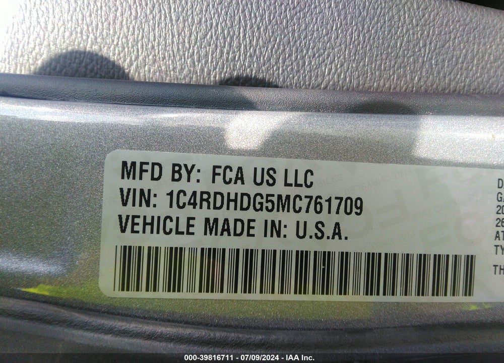 2021 DODGE DURANGO GT RWD VIN: 1C4RDHDG5MC761709