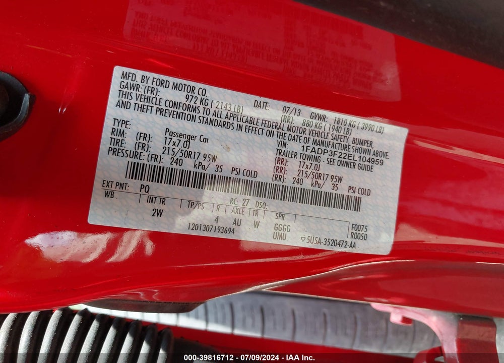 2014 FORD FOCUS SE VIN: 1FADP3F22EL104959