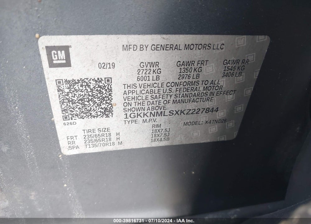 2019 GMC ACADIA SLT-1 VIN: 1GKKNMLSXKZ227844