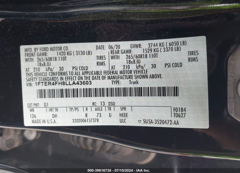 2020 FORD RANGER LARIAT VIN: 1FTER4FH8LLA43603