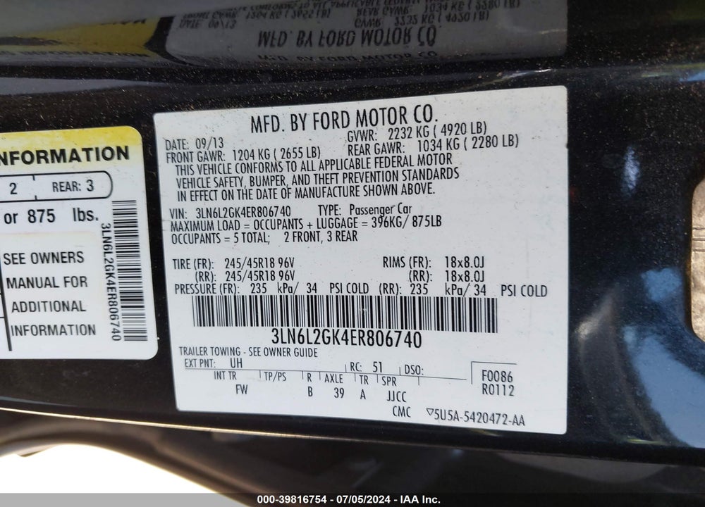 2014 LINCOLN MKZ VIN: 3LN6L2GK4ER806740