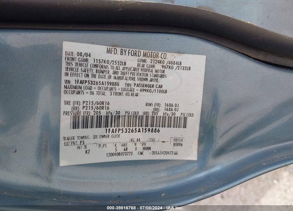 2005 FORD TAURUS SE VIN: 1FAFP53265A159886