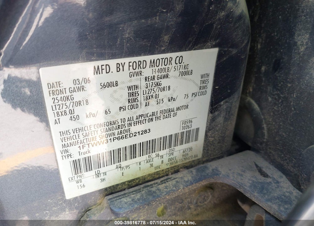 2006 FORD F-350 LARIAT/XL/XLT VIN: 1FTWW31P66ED21283