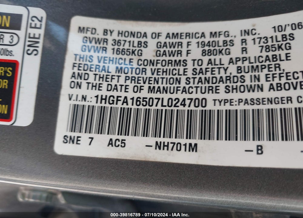 2007 HONDA CIVIC LX VIN: 1HGFA16507L024700