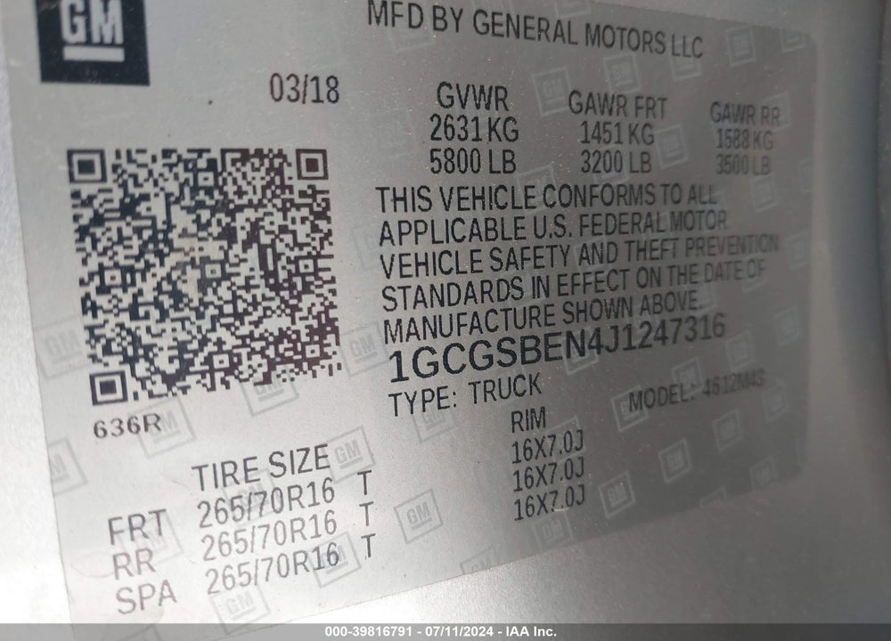 2018 CHEVROLET COLORADO WT VIN: 1GCGSBEN4J1247316