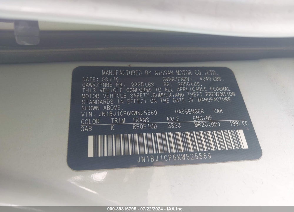 2019 NISSAN ROGUE SPORT SL VIN: JN1BJ1CP6KW525569