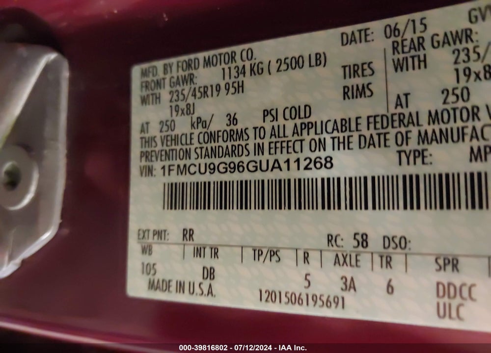 2016 FORD ESCAPE SE VIN: 1FMCU9G96GUA11268