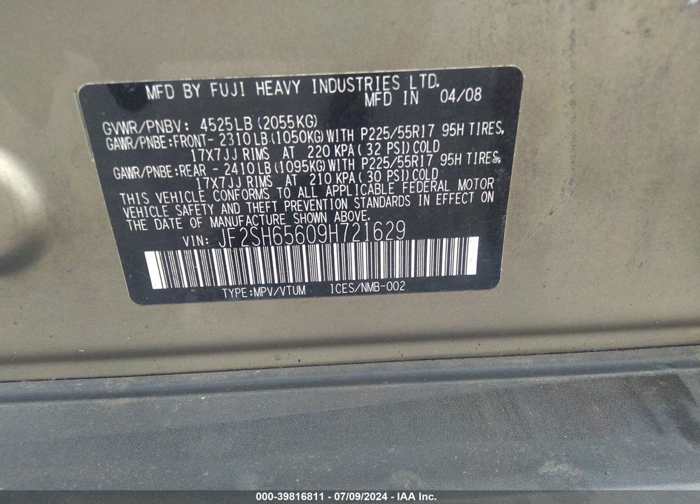2009 SUBARU FORESTER 2.5XT VIN: JF2SH65609H721629