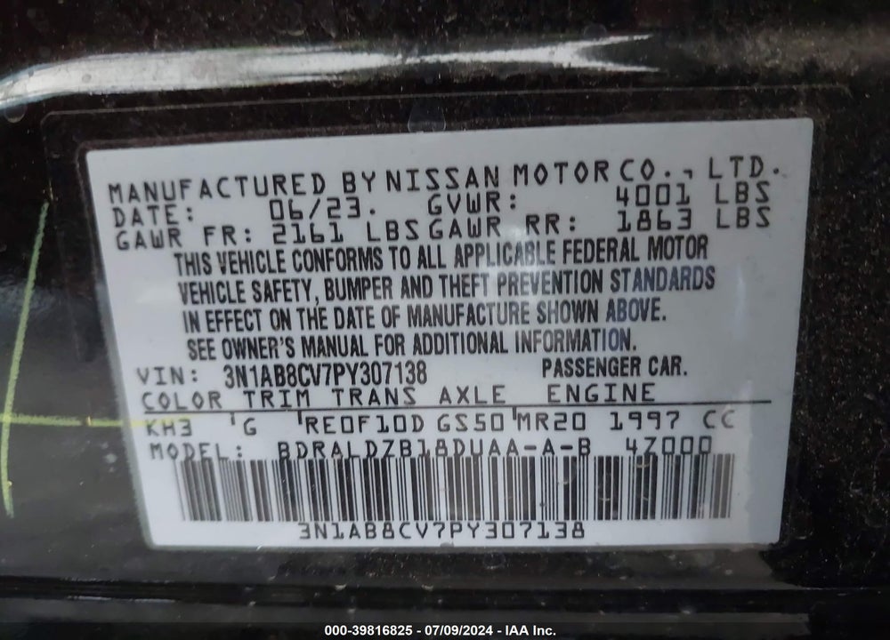 2023 NISSAN SENTRA SV XTRONIC CVT VIN: 3N1AB8CV7PY307138