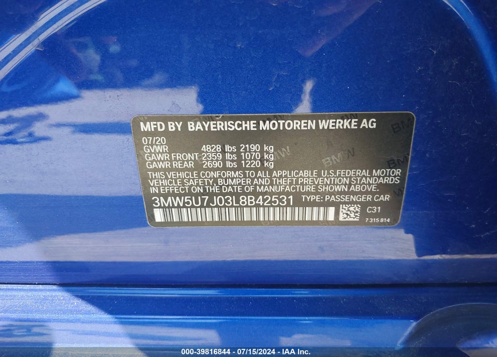 2020 BMW 3 SERIES M340I VIN: 3MW5U7J03L8B42531