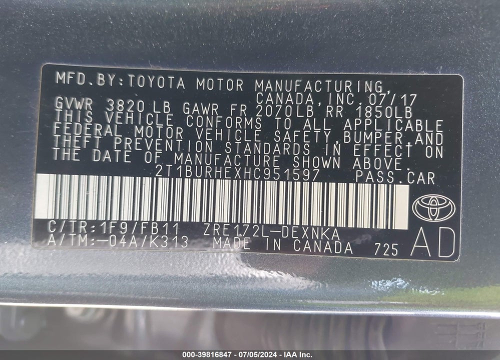2017 TOYOTA COROLLA LE VIN: 2T1BURHEXHC951597