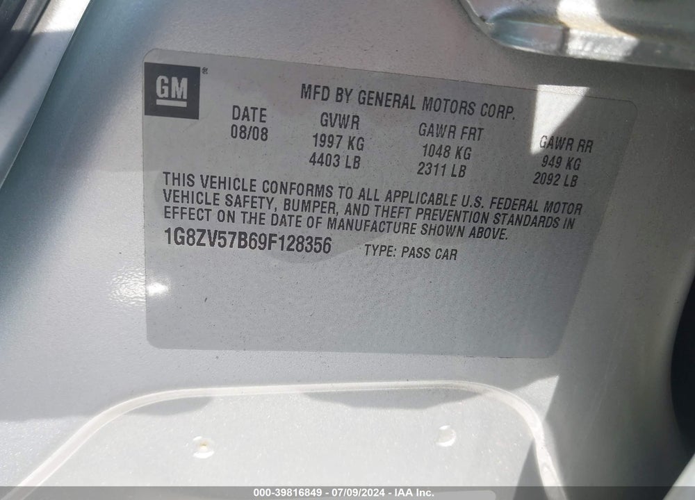 2009 SATURN AURA XR VIN: 1G8ZV57B69F128356