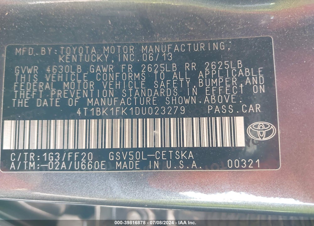 2013 TOYOTA CAMRY SE V6 VIN: 4T1BK1FK1DU023279