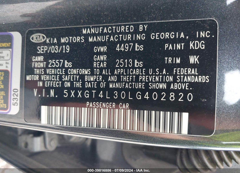 2020 KIA OPTIMA S VIN: 5XXGT4L30LG402820