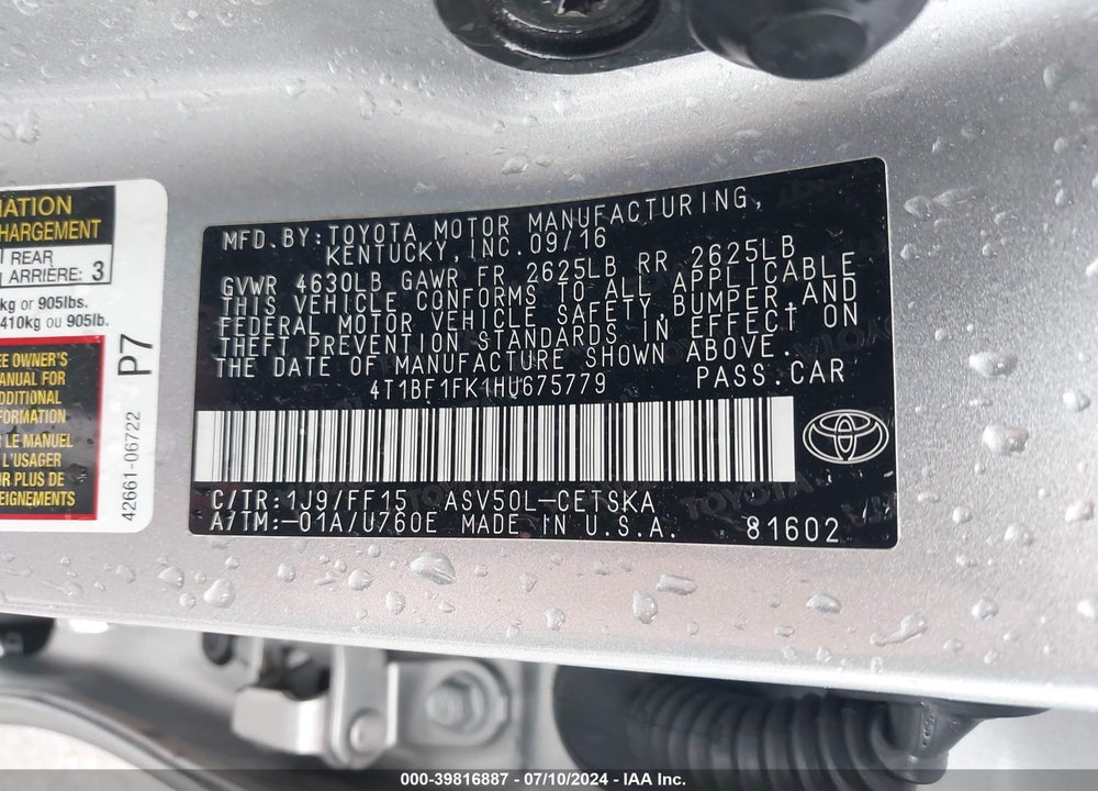 2017 TOYOTA CAMRY SE VIN: 4T1BF1FK1HU675779