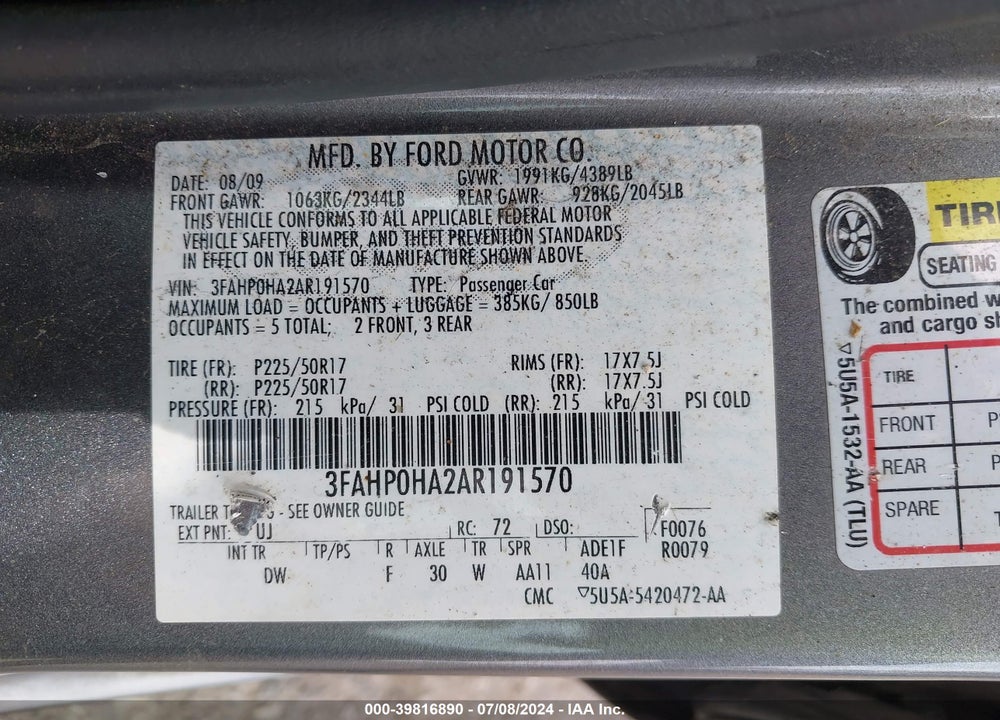 2010 FORD FUSION SE VIN: 3FAHP0HA2AR191570